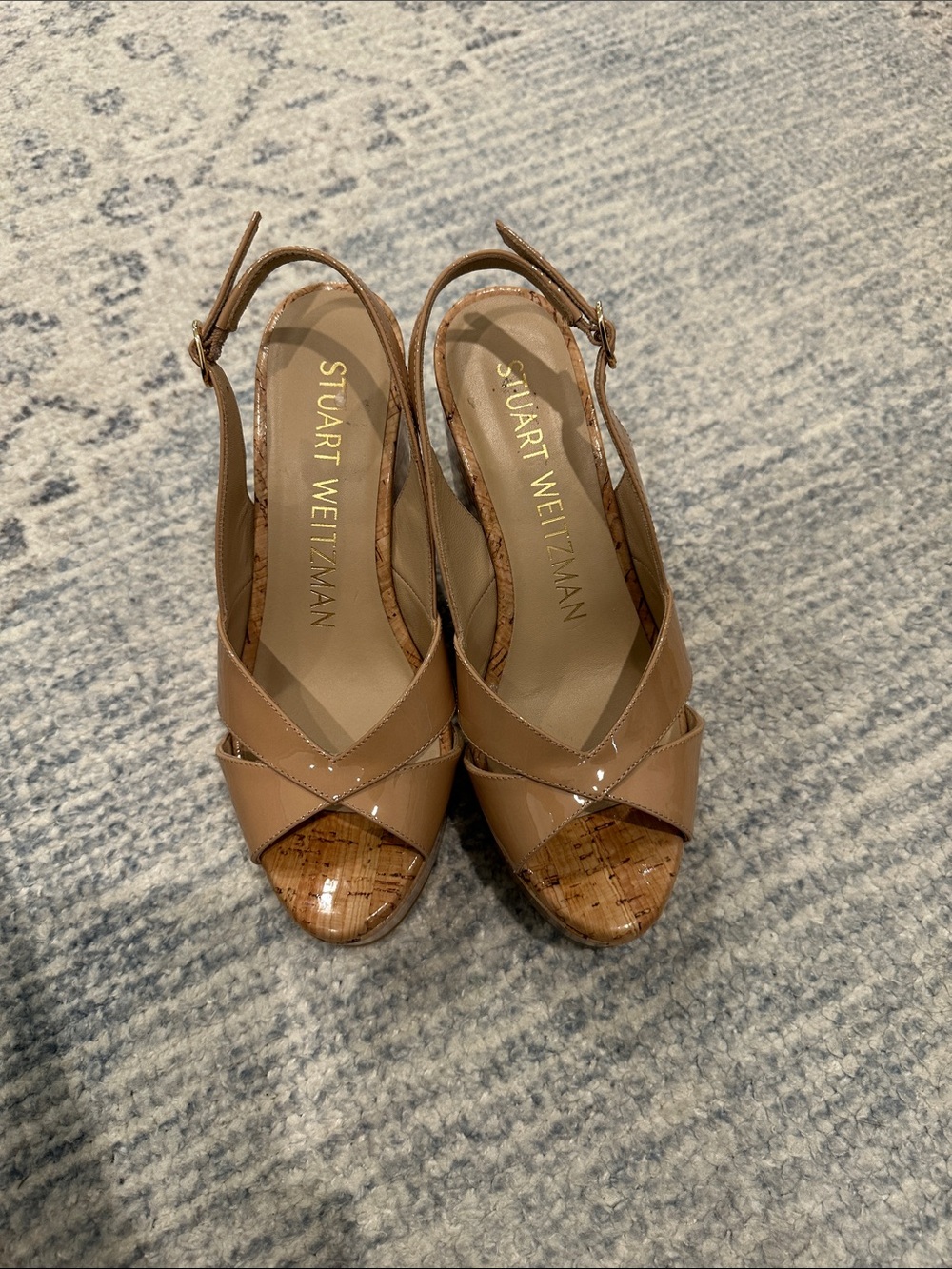 Stuart Weitzman Nude Patent Cork Slingback Wedges - Picture 1 of 4